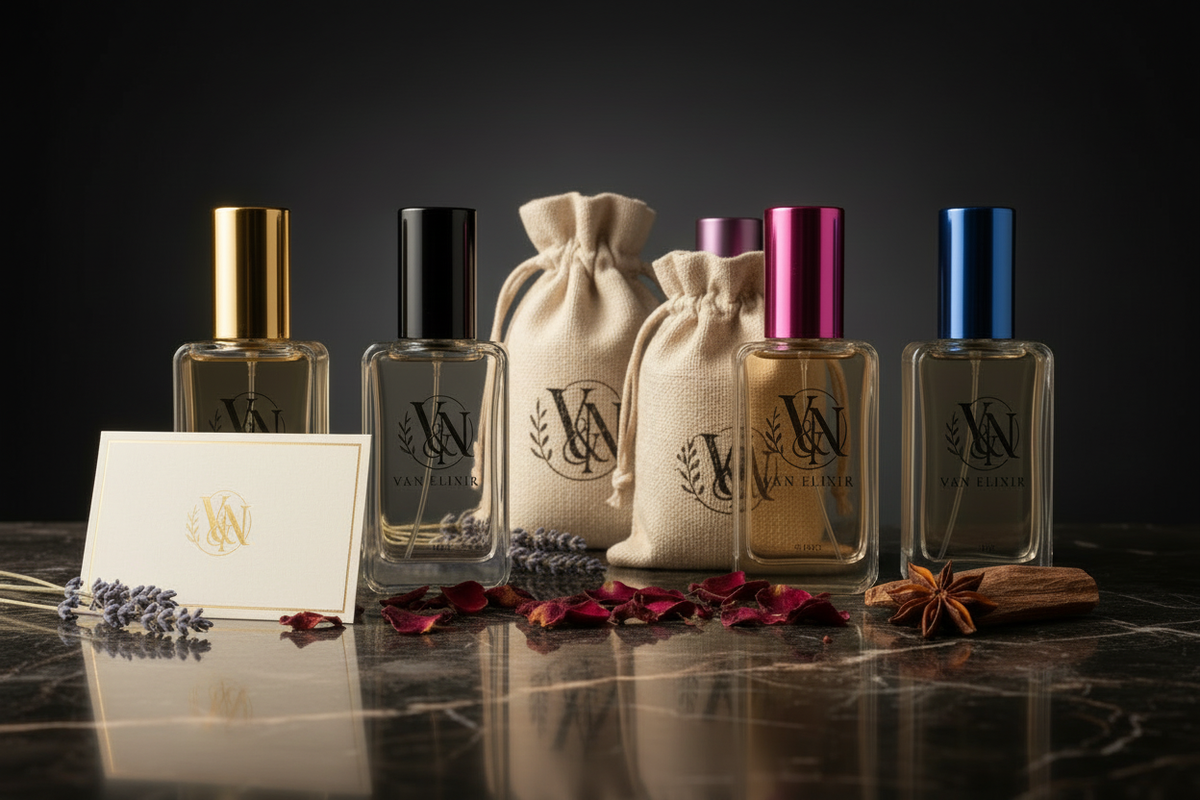 V&N Elixir packaging elegante con saquitos y tarjetas